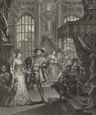 An etching and engraving of a scene in the court of Henry VIII. Henry, recognisable with the broad shoulders, plumed hat, and ermine-lined coat from the famous Holbein portrait, leads Anne Boleyn by the hand toward the throne. She is fashionably dressed, and followed by a dwarf who holds the train of her gown. On the right, the throne is under a decorated canopy, at the foot of the stairs sits Cardinal Wolsey, with his legs crossed, and one hand raised to his face as if in thought. Two more courtiers - a lady sitting in a decorated alcove, and a man addressing her - are visible in the background.